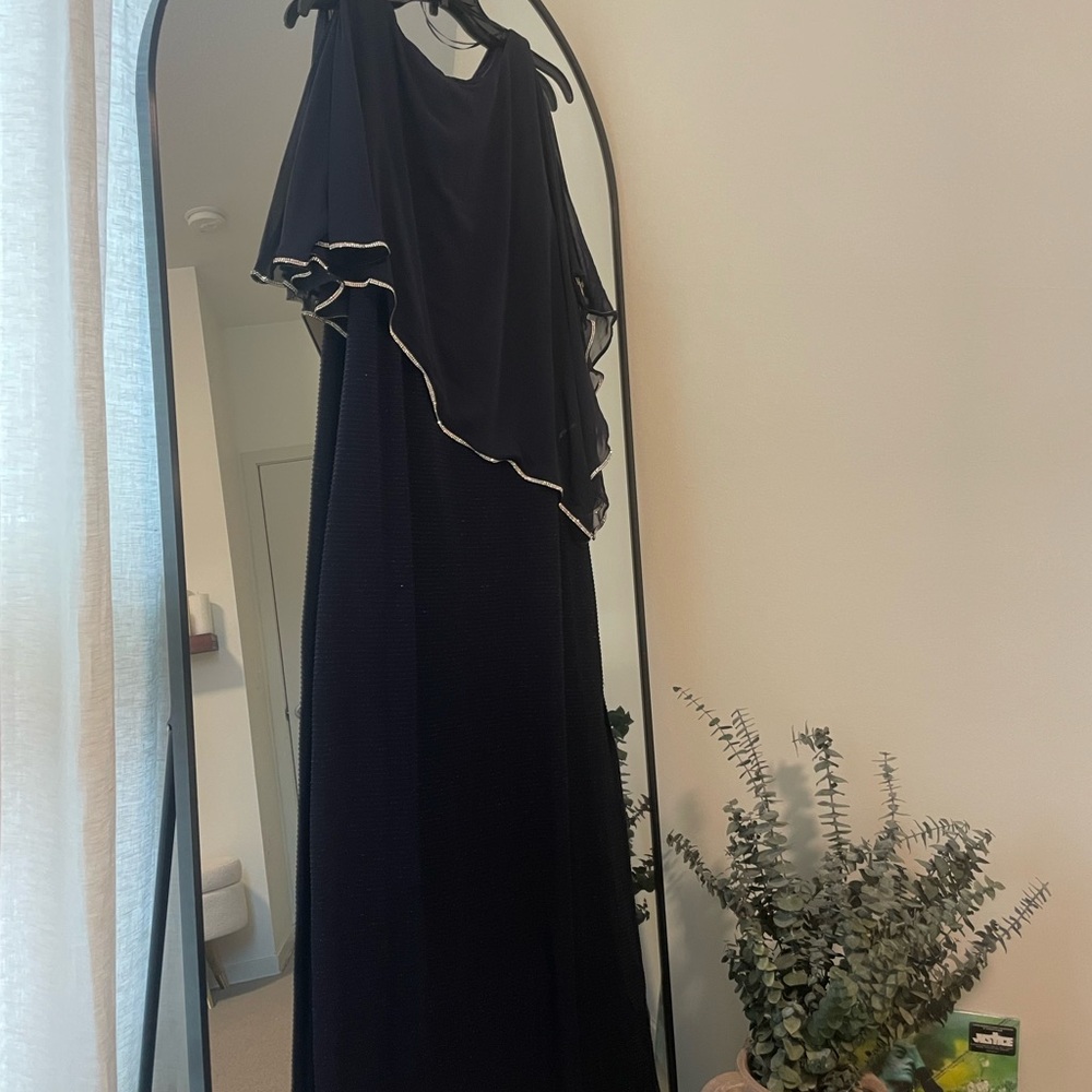 Elegant Navy Blue Dress with Silver Trim